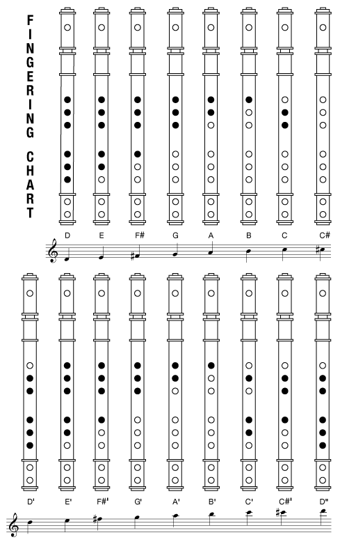Irish flute fingering chart showing the fingering for every note on the keyless six-hole Irish flute